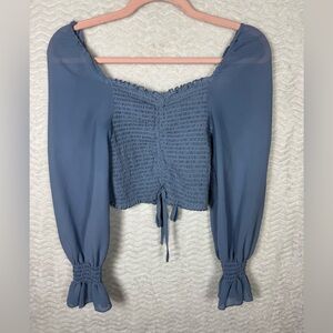Papaya Dusty Blue Smocked Long Sleeve Crop Top